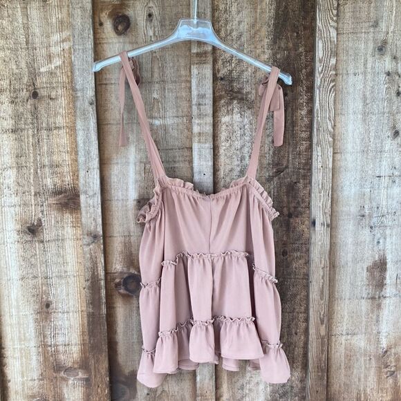Cozy Co. Casual Boutique Sand Tiered Shoulder Tie Strap Woven Tank - Picture 2 of 7